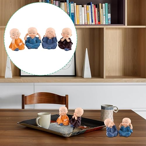 Miniatura 4 de Decoración de cuatro monjes, estatuas de monje sonriente, juego de 4 figuras de Buda en miniatura, Little Wealth Lucky Laughing Showpiece No Evil