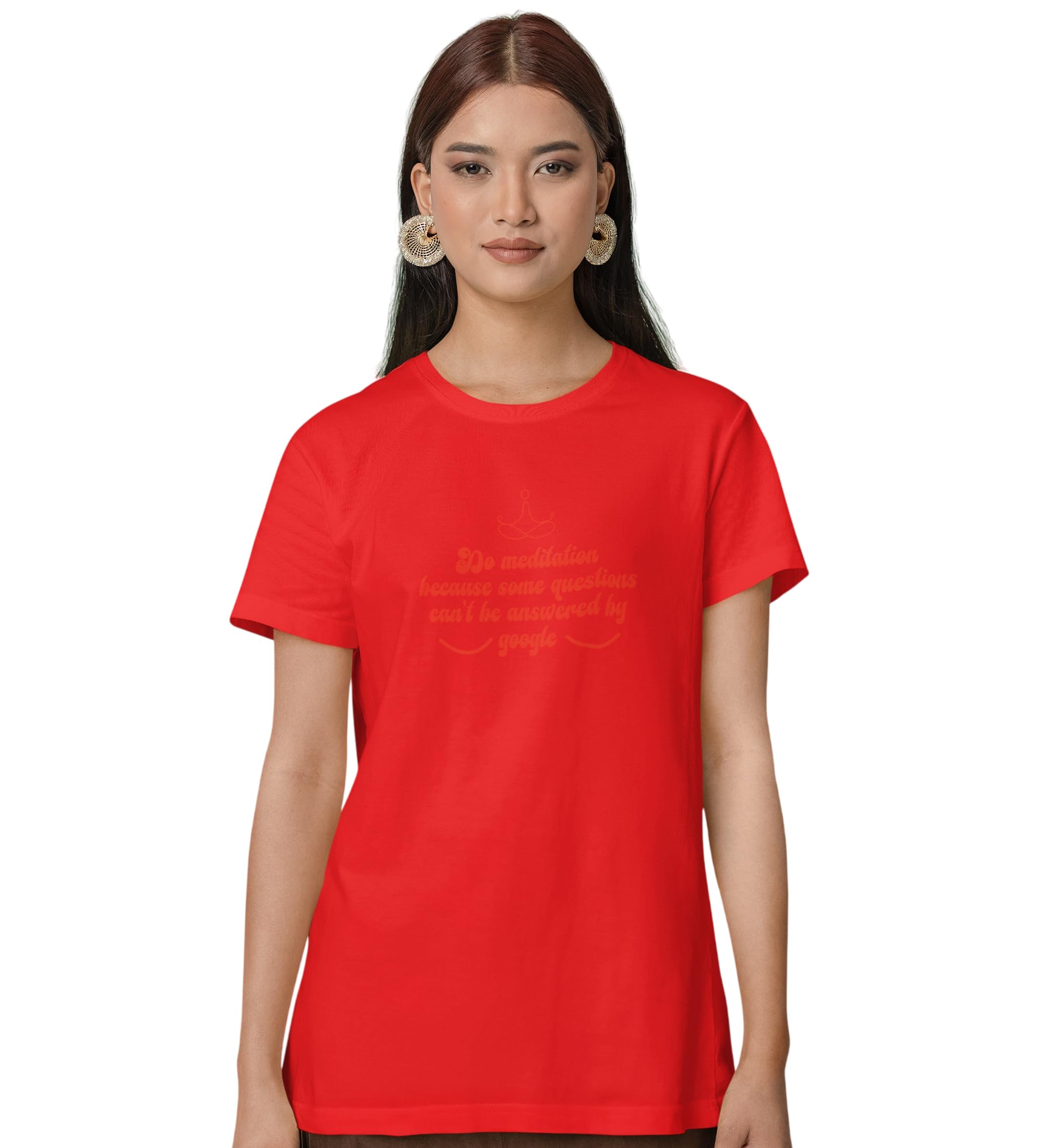 Do Meditation : Printed Round Neck Cotton Red T-Shirt for Womens-image-4