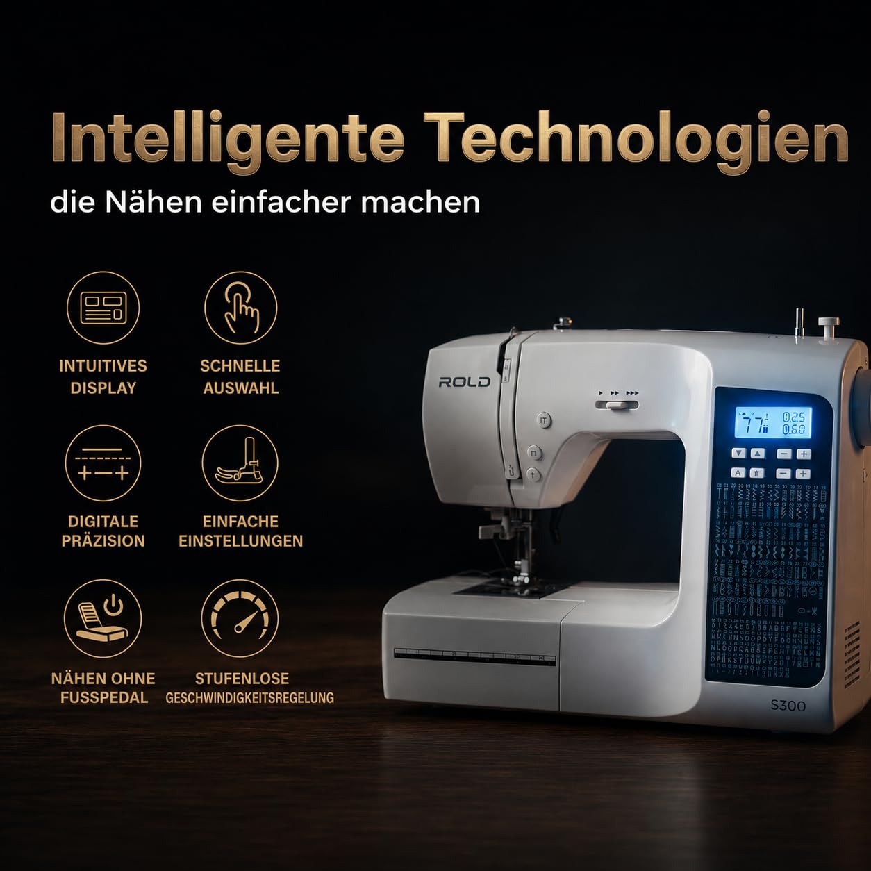 ROLD S300 Computer Nähmaschine mit Anschiebetisch | 190 Nähstiche zum Nähen aller Arten von Stoffen.