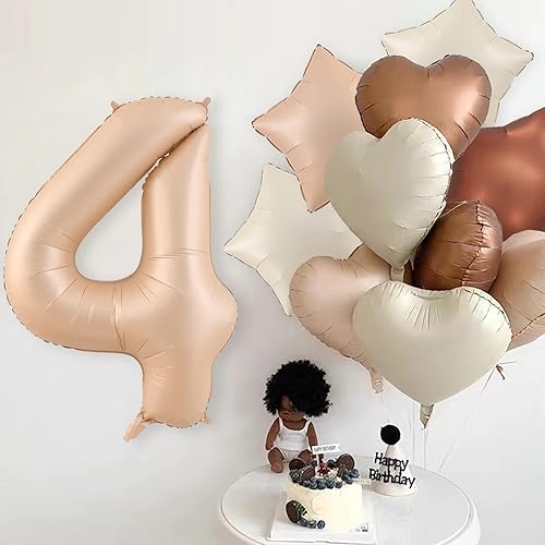 Miniatura 6 de Globos de 40 pulgadas con el número 4, 19 globos grandes de aluminio con número de helio con globos de corazón neutros color crema caramelo, beige,