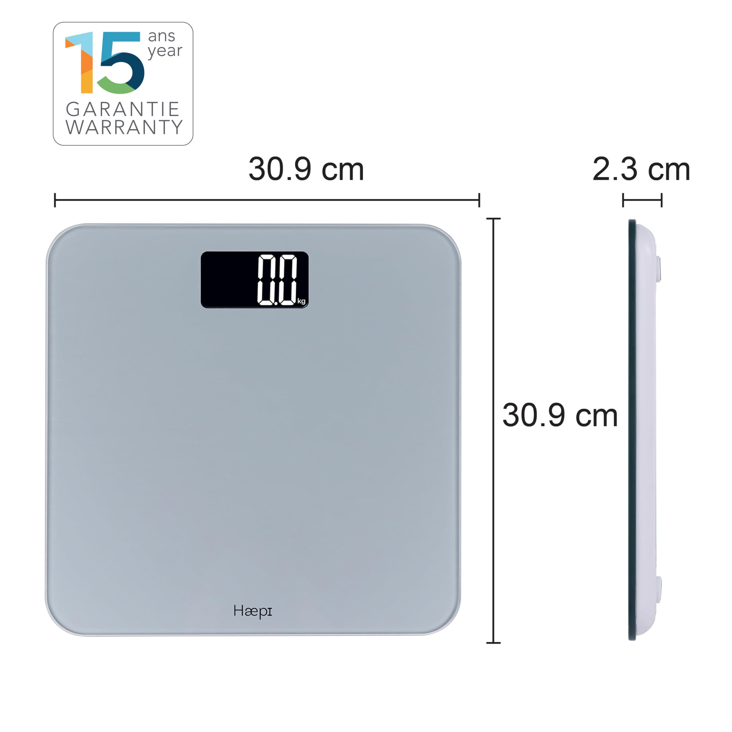 Haepi, Bilancia per persone elettronica con grande vassoio, grande schermo retroilluminato, bilancia pesapersone design e precisa, capacità massima di 180 kg, batterie incluse, garanzia 15 anni