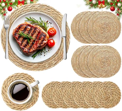 12inch & 6inch Round Woven Placemats Plate Chargers Set of 12, Natural Water Hyacinth Boho Placemats for Dinner Plates, Hand-Woven Wicker Rattan Braided Table Mats, Farmhouse Decor Christmas New Year 12inch & 6inch Round Woven Placemats Plate Chargers Set of 12, Natural Water Hyacinth Boho Placemats for Dinner Plates, Hand-Woven Wicker Rattan Braided Table Mats, Farmhouse Decor Christmas New Year