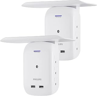 Philips 6-Outlet Extender 2-USB Surge Protector, Side Access Adapter, Wall Tap, Removable Device Shelf, Protected Indicator Light, 450J, 2 Pack, White, SPS6026WA/37