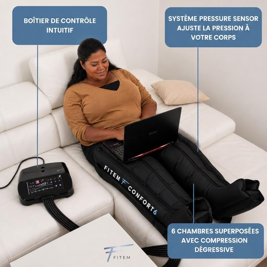 Fitem Bottes de Pressothérapie 6 chambres - 6 modes de Massage - Massage Jambes, pieds - Drainage lymphatique, Jambes Lourdes, Œdème, Lymphoedème, Lipoedème, Cellulite - Récupération Sportive