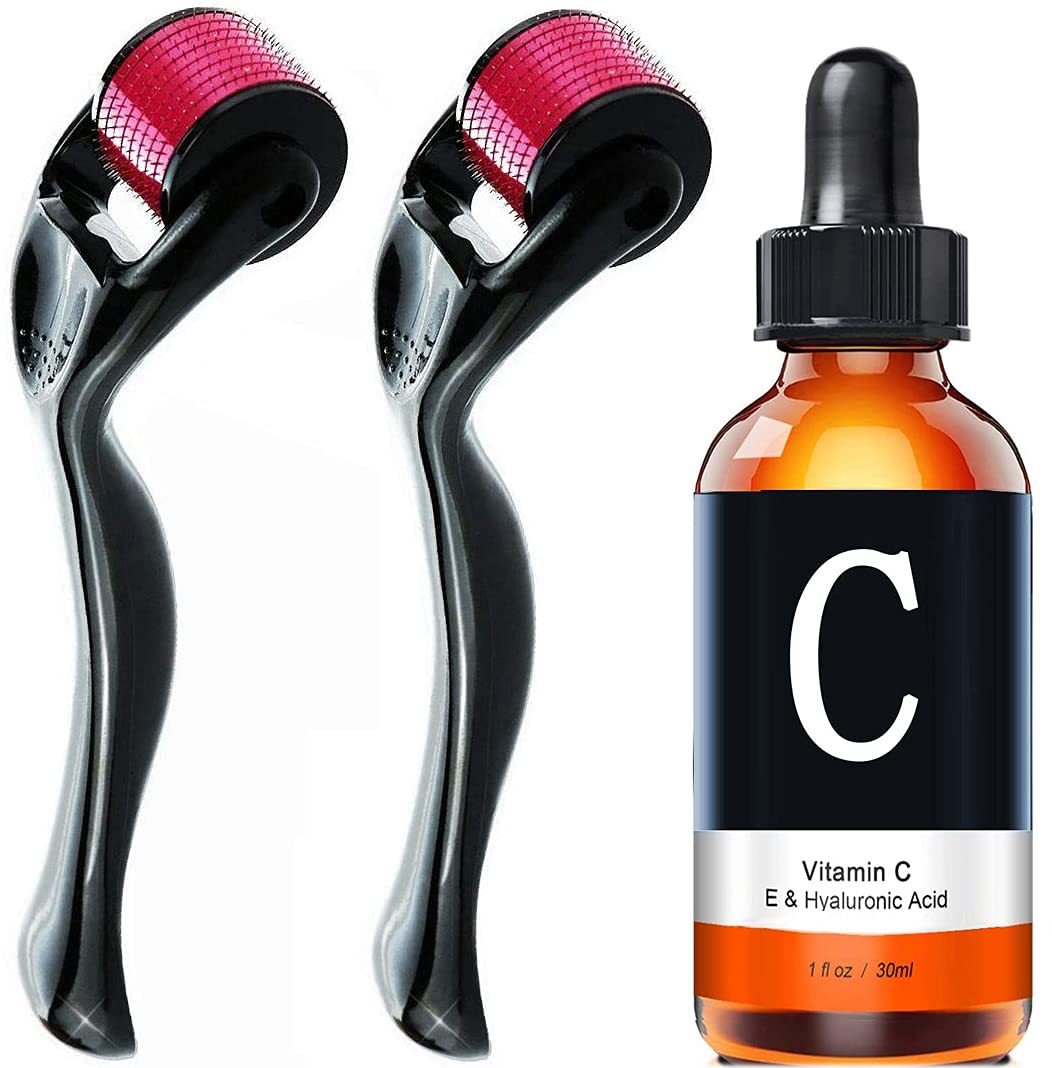 Derma Roller 540 Titanium Microneedle Micro Needles Skin Care 2pack(0.5mm/1.0mm)+Vitamin C Serum & Vitamin E with Hyaluronic Acid