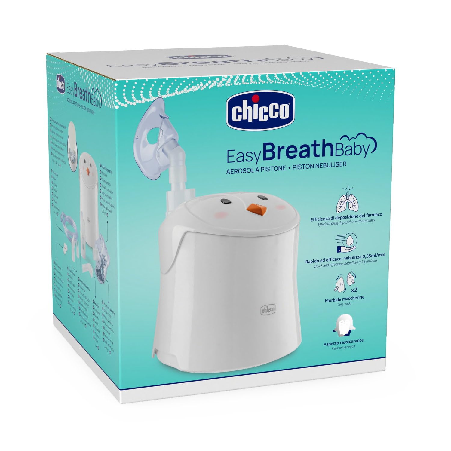 Chicco Easy Breath Inhalationsgerät, Niedlicher Pinguin, Piston-Aerosol für Babys, Kinder und Erwachsene, Tragbares Aerosol, Ultrakompakt, mit zwei weichen, ergonomischen Masken, 0 Monate+