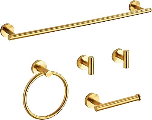 Brushed Gold Bathroom Hardware Set 5 Piece with Towel Racks for Bathroom, SUS304 Stainless Steel Bath Towel Bar Set, 24 Inch Wall Mounted Accessories Kit…