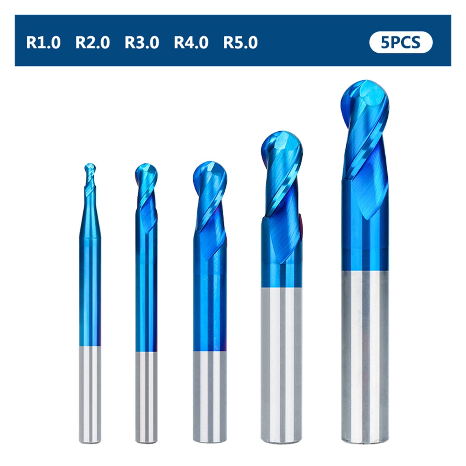 Frez z węglików spiekanych 5/7/8 sztuk R0.-R6.0 2 flety promień kulowy frez czołowy maszyna cnc do frezowania drewna metalu(5pcs Set)