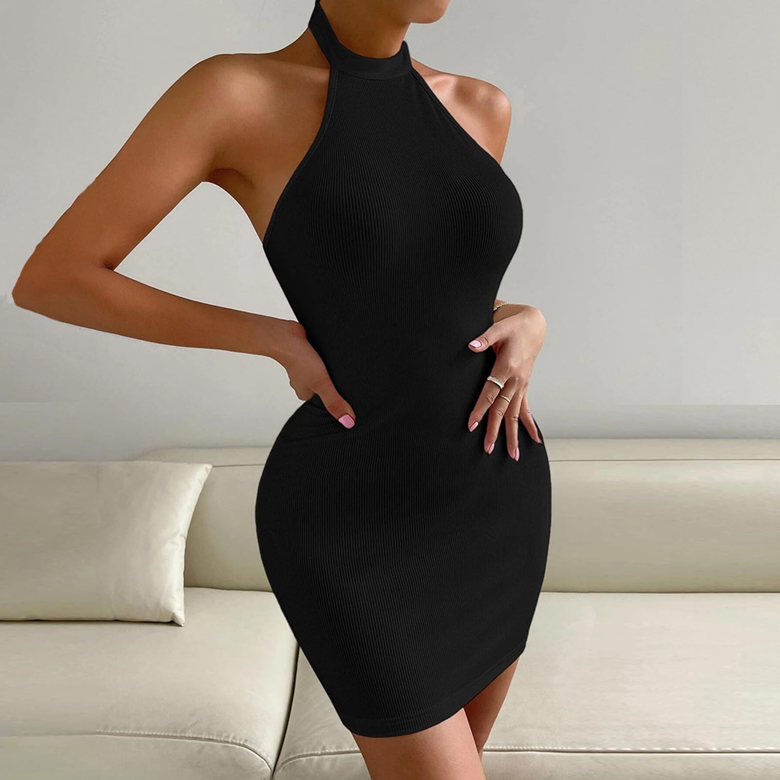 Vestito Donna Estivo Sexy Mini Abito Senza Manica Aderente Vestito Corto in Maglia a Coste