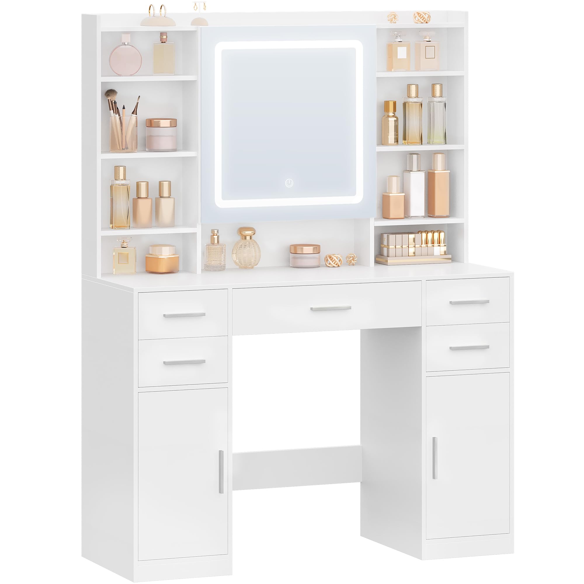 HEXCELEN 108 cm Tocador con Espejo y Luces LED con Brillo Ajustable Blanco | Mesa de Maquillaje con 5 Cajones, 2 Armarios y 9 Compartimentos Abiertos, Tocador de Maquillaje