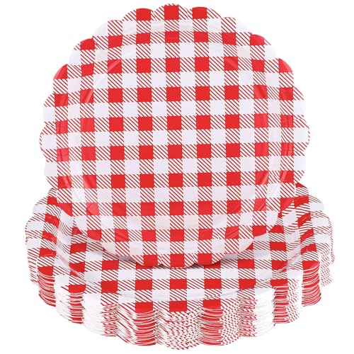 NatNarr 30 Pcs Red Gingham Plates 9 Inch Scalloped Plaid Dessert Dinner Party Plates Red and White Picnic Party Decorations for Bbq Patriotic Mothers Day Graduation