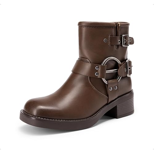 DREAM PAIRS Women's Ankle Boots Fashion Buckles Square Toe Motorcycle Riding Biker Boots Low Chunky Heel Fall Booties Shoes