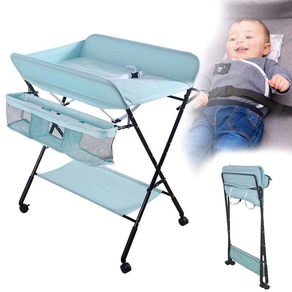 Mueble Cambiador Bebe Plegable y Portátil, Cambiador con 4 Ruedas,Patrón de Jirafa-80 x 66 x 92/95/98 cm (Azul cielo)
