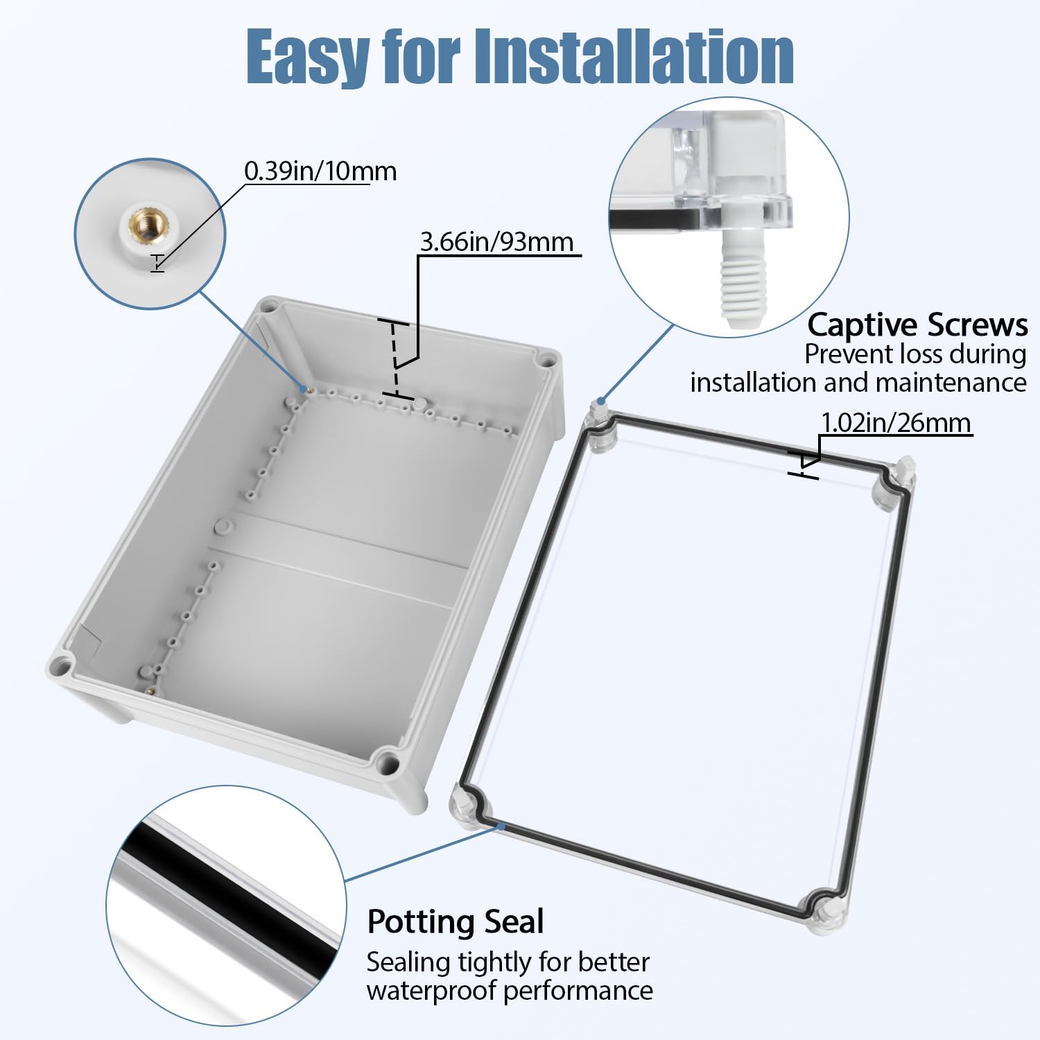 LeMotech Junction Box IP67 Waterproof Dustproof Electrical Box Project Box DIY Enclosure Gray with Transparent Clear Cover, External Size 15x11x5.1in (380x280x130mm)
