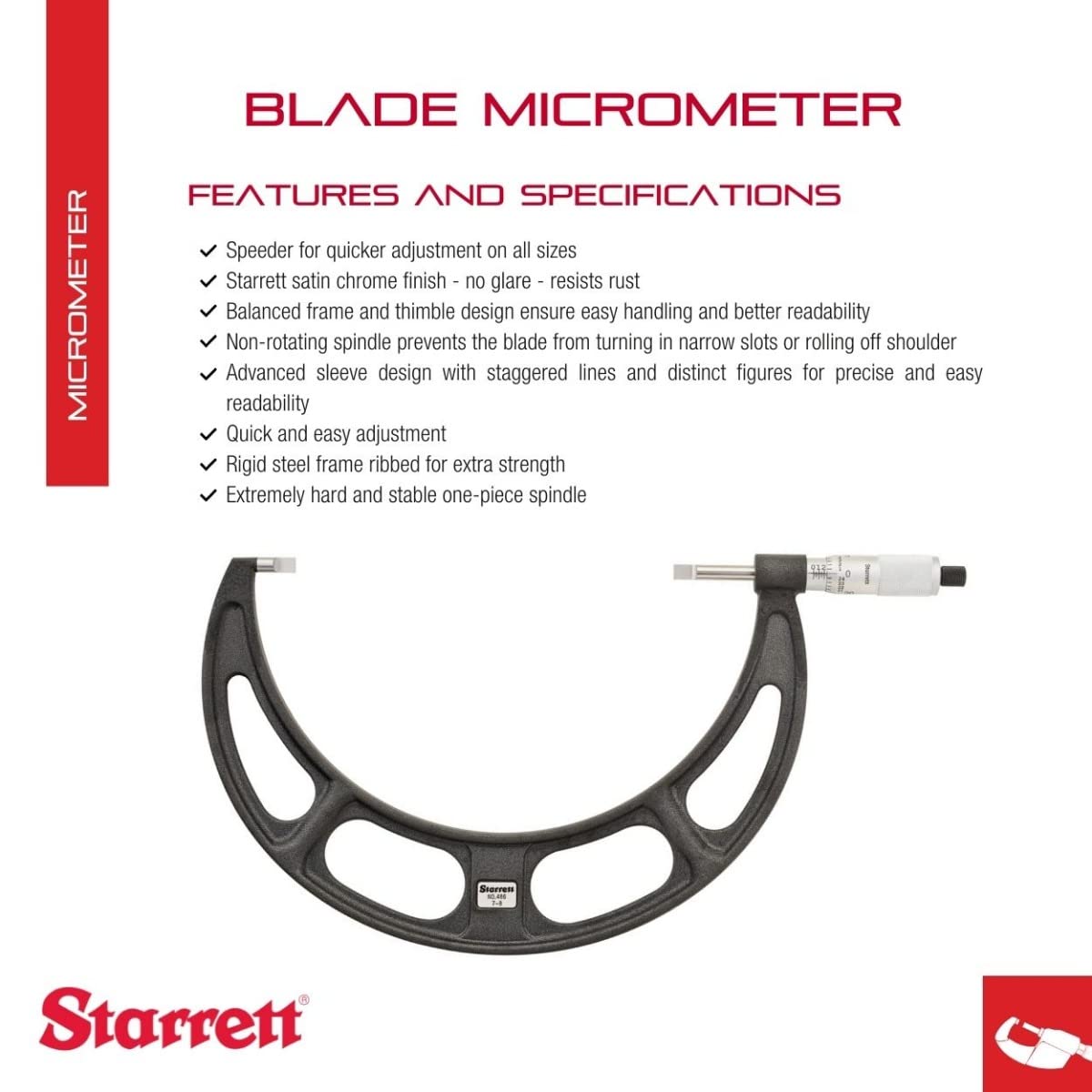 Starrett 486P-8 - Micrometro tipo cuchilla, no giratorio, entrelazado plano, rango de 17,78-20,32 cm, graduación de 0,001 pulgadas