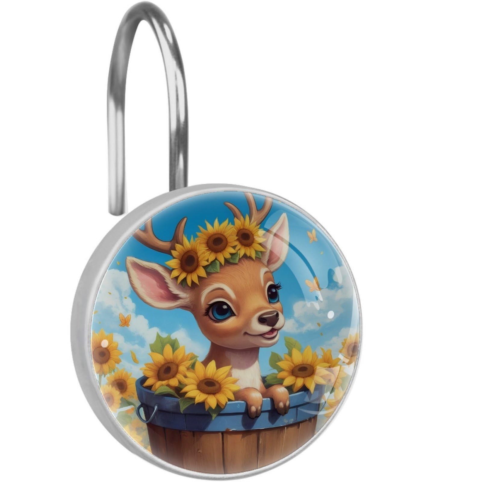VAPOKF Decorative Shower Curtain Hooks, Deer Sunflower Rustproof Stainless Steel Shower Curtain Rings for Bathroom, Shower Curtain Hangers for Shower Rod, 12 Pack
