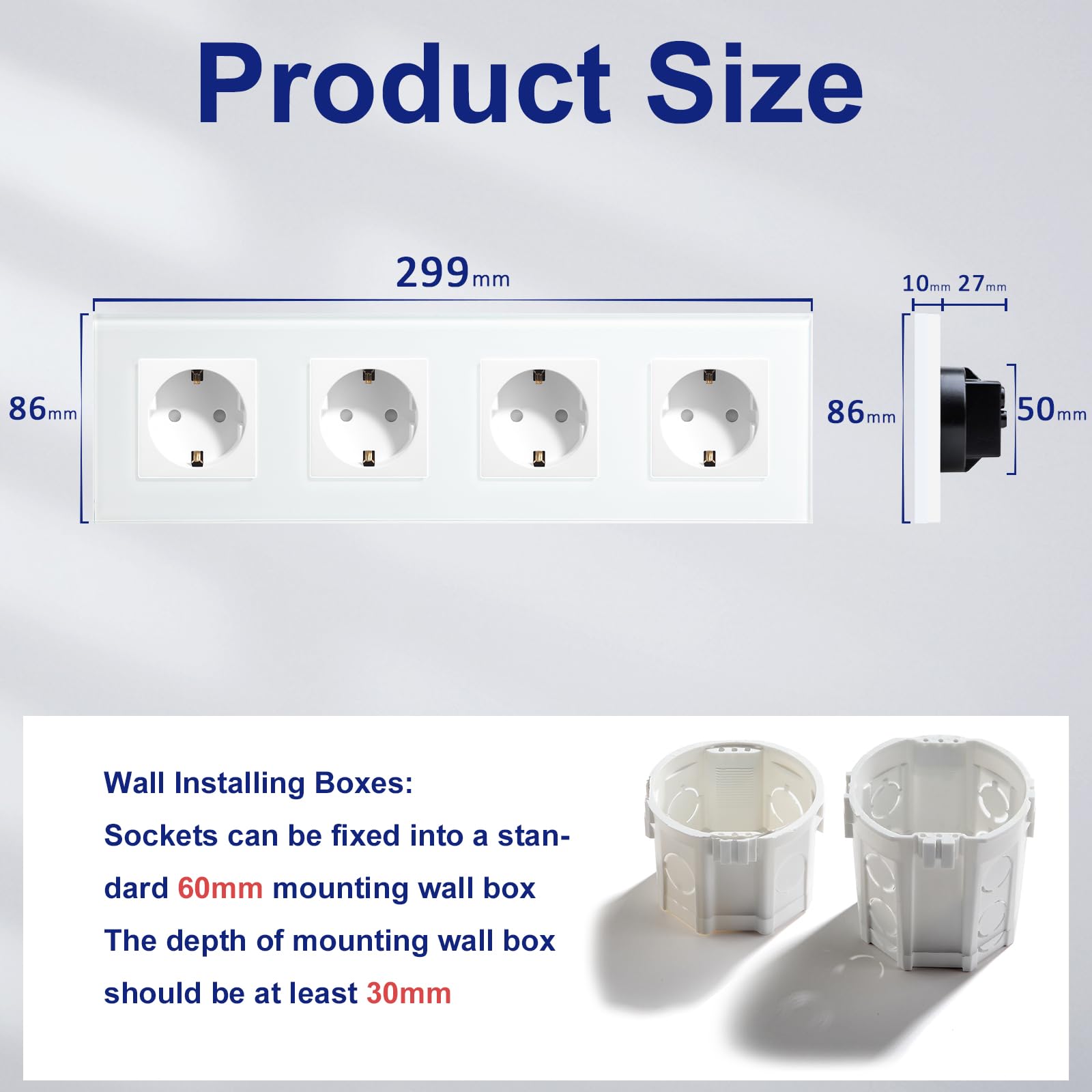 BSEED Presa da Parete con USB C, Presa Schuko Standard con Cristallo, 3 IN 1, Sicurezza per Bambini, Facile da Installare, Serie M, 3 Prese con USB e Tipo C, 228mm Grigio