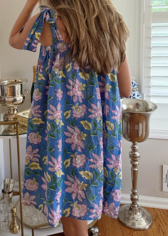 Image of Women Floral Tie Shoulder Mini Dress Cute Square Neck Loose Fit Beach Short Dress Backless Boho Vocation Sundress