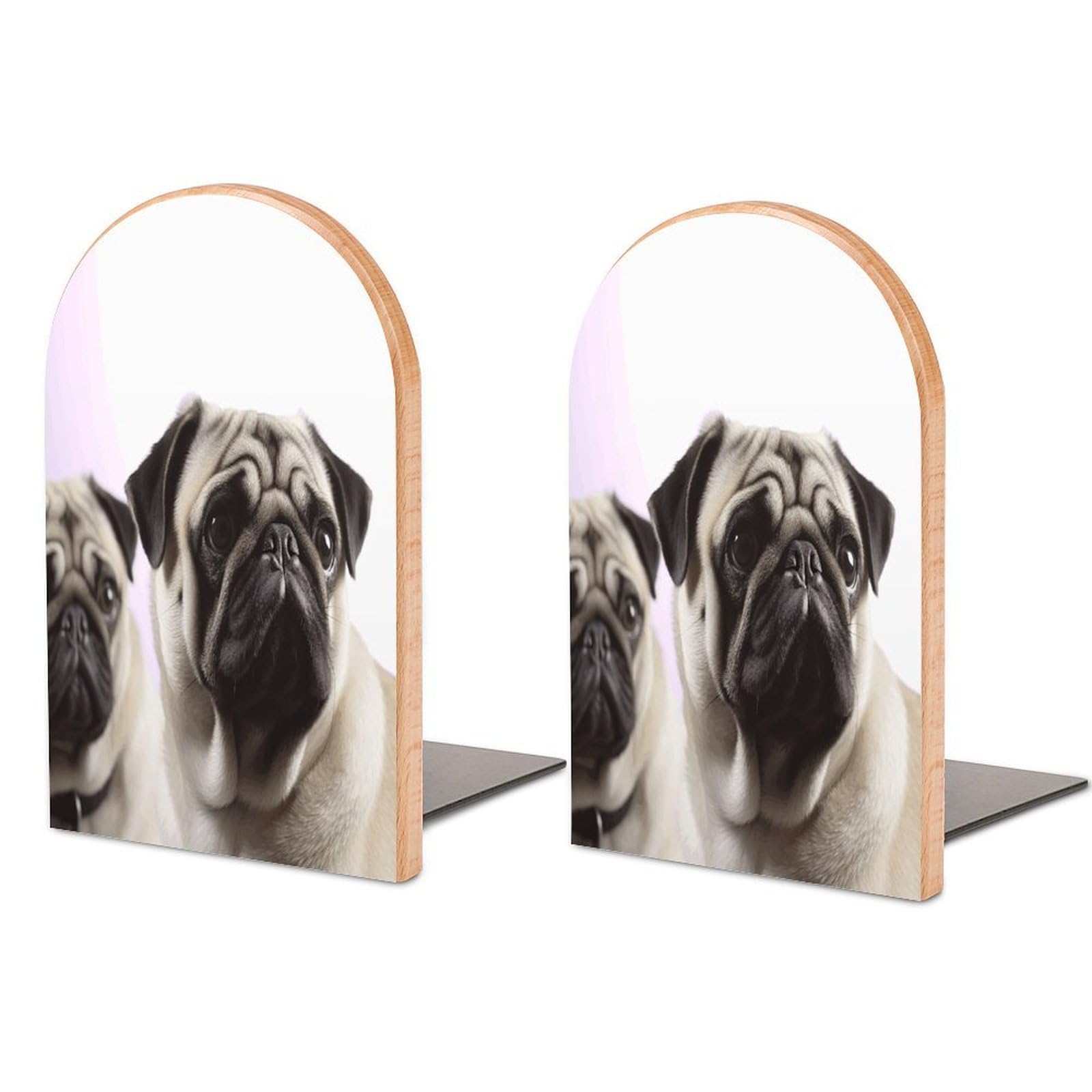 Pug Dog Bookends Modern Bookends for Shelves Fashion Heavy Duty Book Stopper Sturdy Non-Skid Metal Base Wood Book Ends for Library Home Office 1 Pair