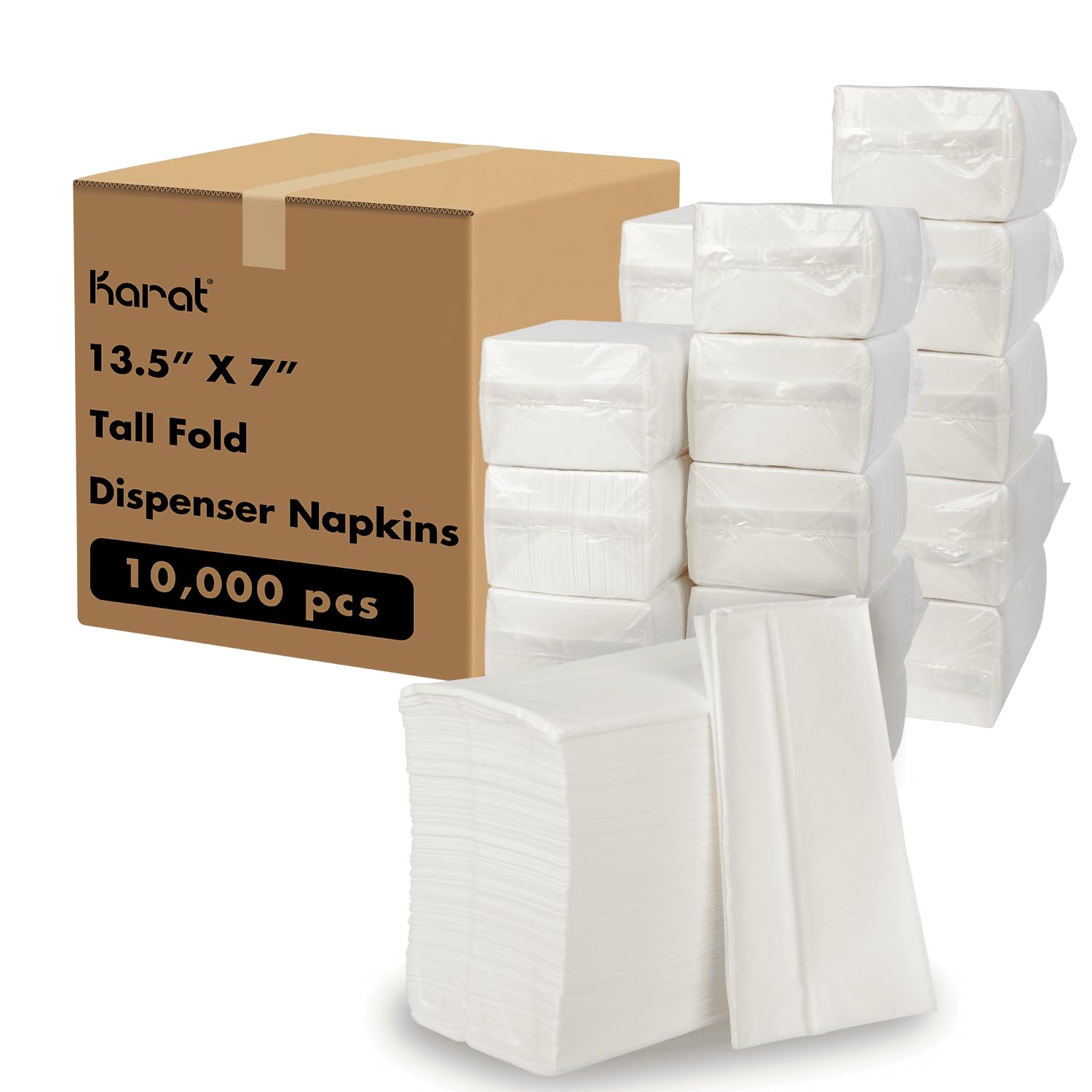Karat Tall Fold Napkins - 1 Ply, White, Perfect for Restaurants and Cafes, Fits Most Dispensers, Made from Renewable Resources, Case of 10,000