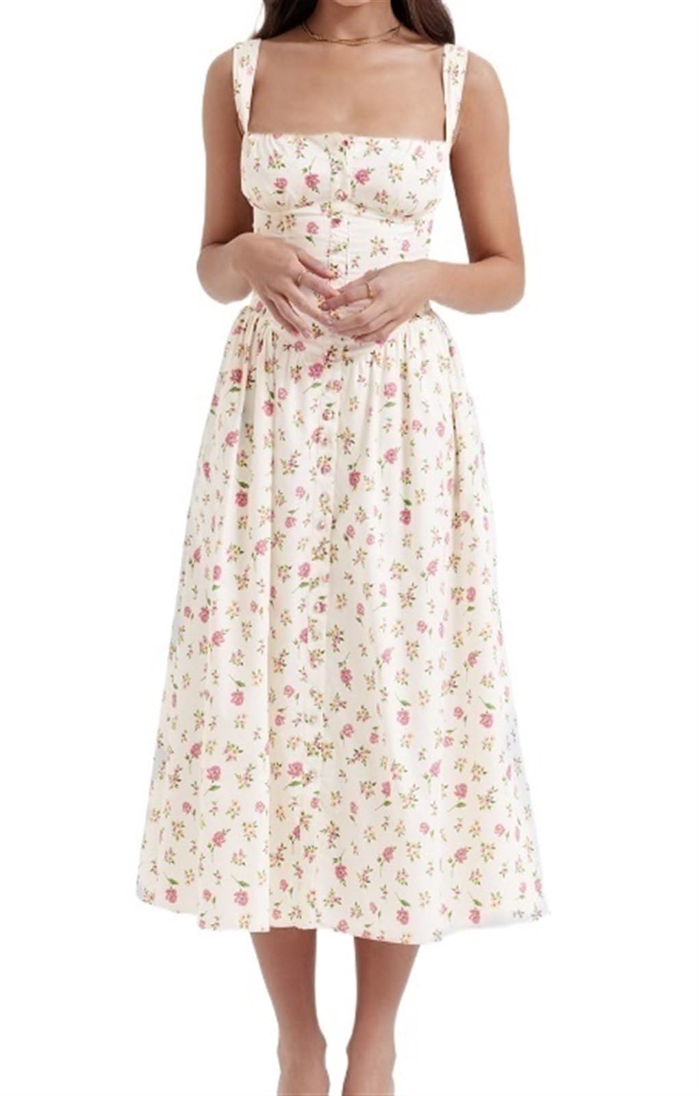 Stampa Bustier Sundress, Donne Floreale Corsetto Midi Dress Taglio Basso Senza Maniche Abito Corsetto Collo Quadrato (Color : White, Size : S)
