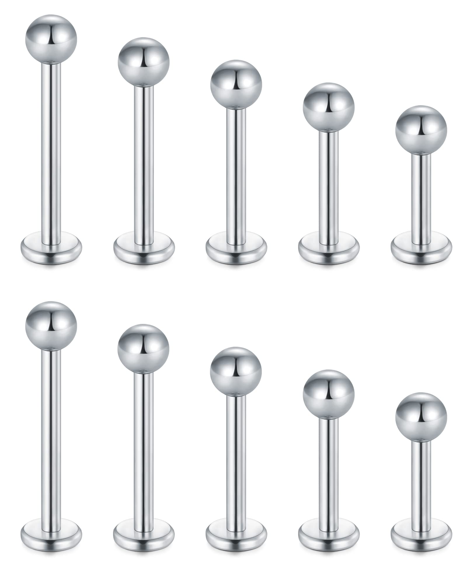Rajnard 16G de acero quirúrgico del Labio Piercing Stud Plata 6mm de Longitud cartílago Tragus Helix Pendientes Piercing Labret con circón Hilo Interno Piercing Joyería para Mujeres Hombres