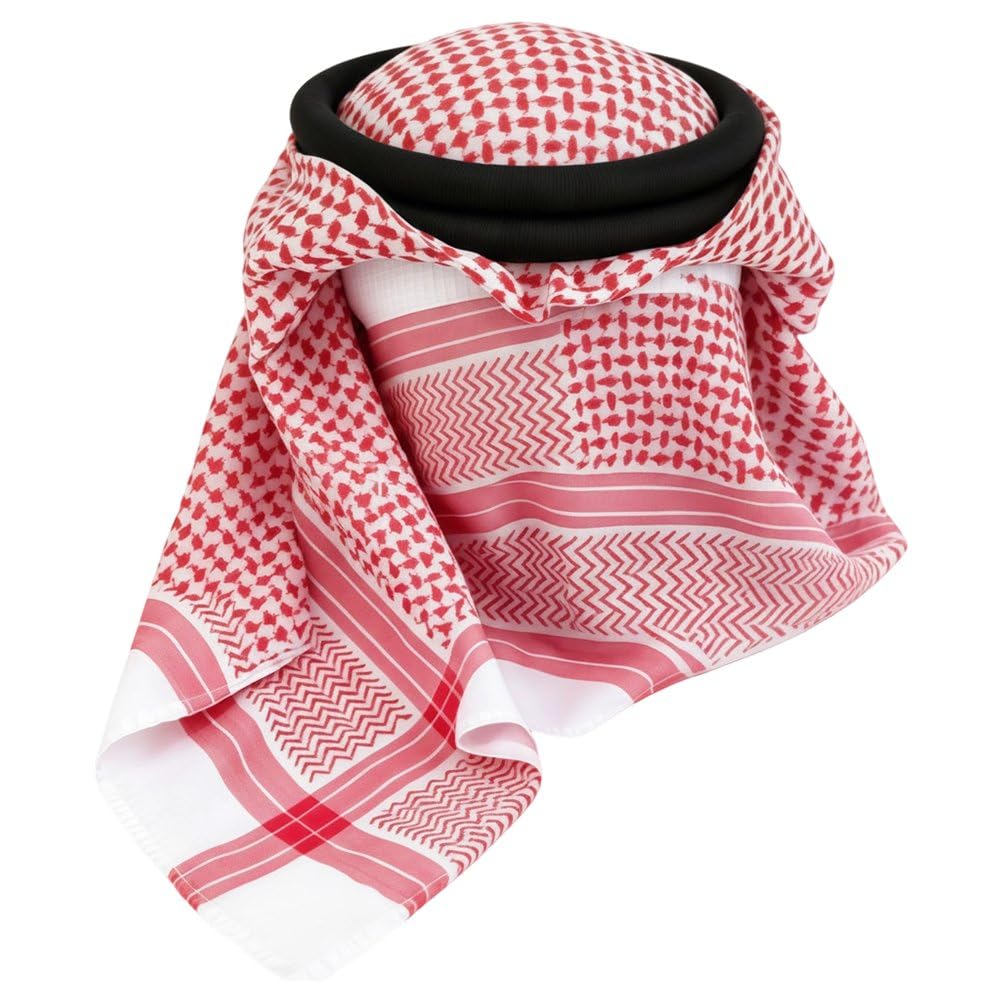 Sslvya Red Arab Head Wrap with Aqel Rope Men's Muslim Hijab Classic Arabian Headwear for Arab Traditional Festival Accessory