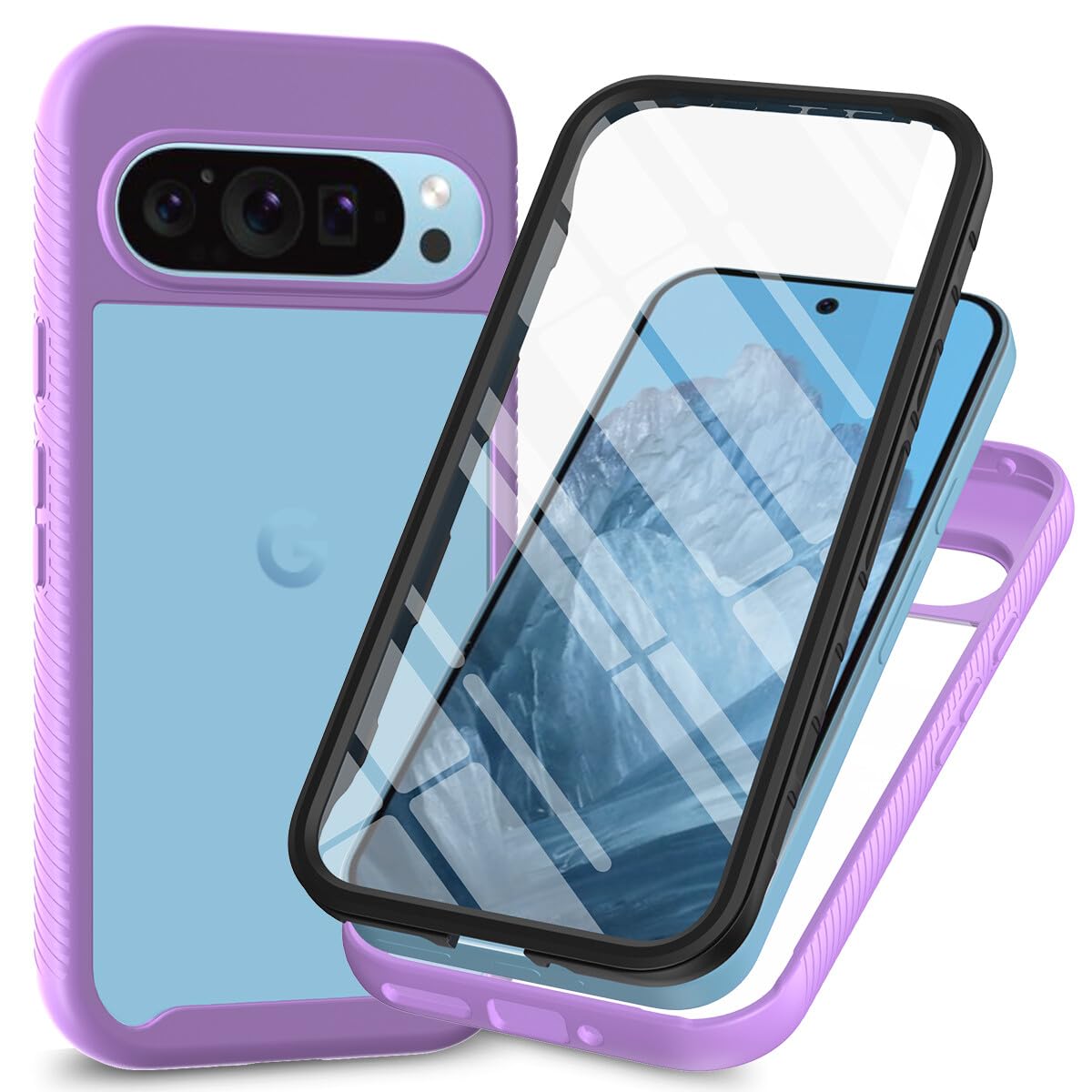 Generic etui kompatybilne z Google Pixel 10 Pro XL (kolor: fioletowy) przezroczysty twardy tył twardy silikon pełna obudowa wbudowana osłona ekranu