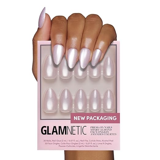 Glamnetic Press On Nails - Selenite | Soft White Sparkle Short Almond Fake Nails with a Glossy Finish, Reusable | 15 Sizes - 30 Nail Kit with Glue