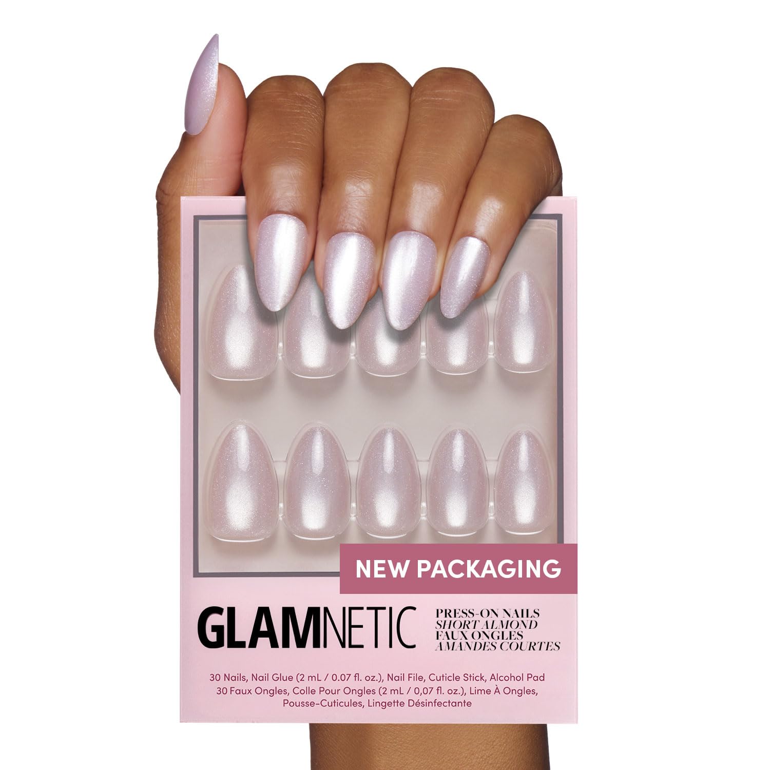 Glamnetic Press On Nails - Selenite | Soft White Sparkle Short Almond Fake Nails with a Glossy Finish, Salon Quality | 15 Sizes - 30 Nail Kit with