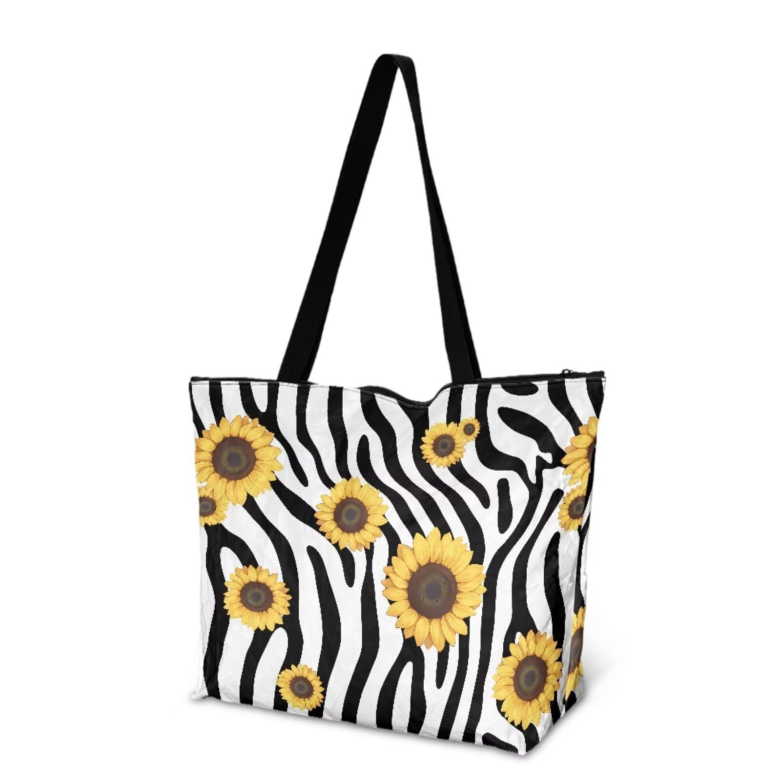 Jolamirel Zebra Stripes Large Zipper Tote Bag for Gym Work, Yellow Sunflowers Recycle Paper Tote Bags with Handles Reusable Grocery Bag