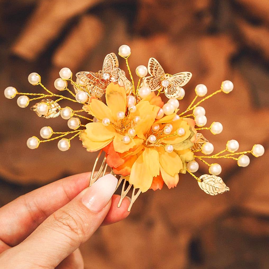 IYOU Boda Novia Peine del pelo Oro Margarita Tocado Flores Hoja Novia Accesorios para el cabello para Mujeres