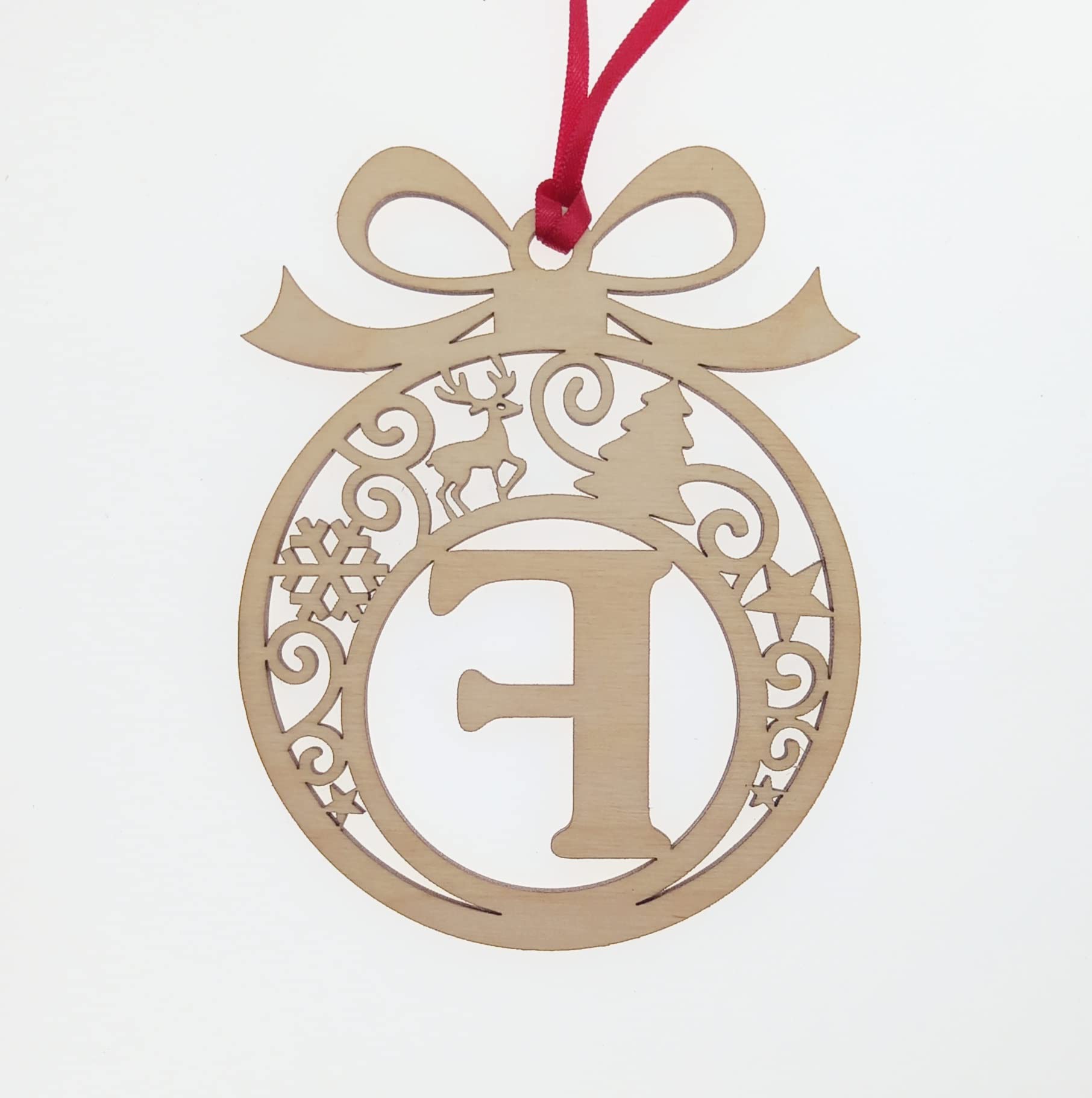 Personalised Christmas tree bauble decoration pendant ornament: Letter F, Natural Wood, Small - Image 4