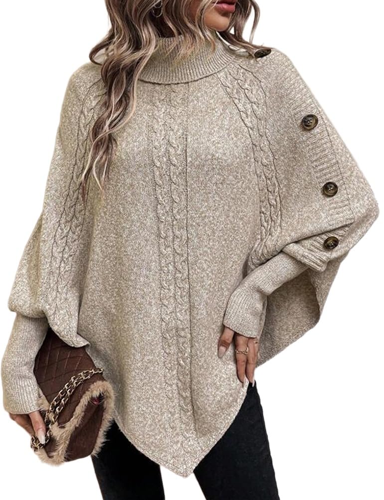Kinghua Poncho Sweater Women Fall Winter Turtleneck Batwing Sleeve Knit Sweater Asymmetric Loose Casual Pullover Sweater