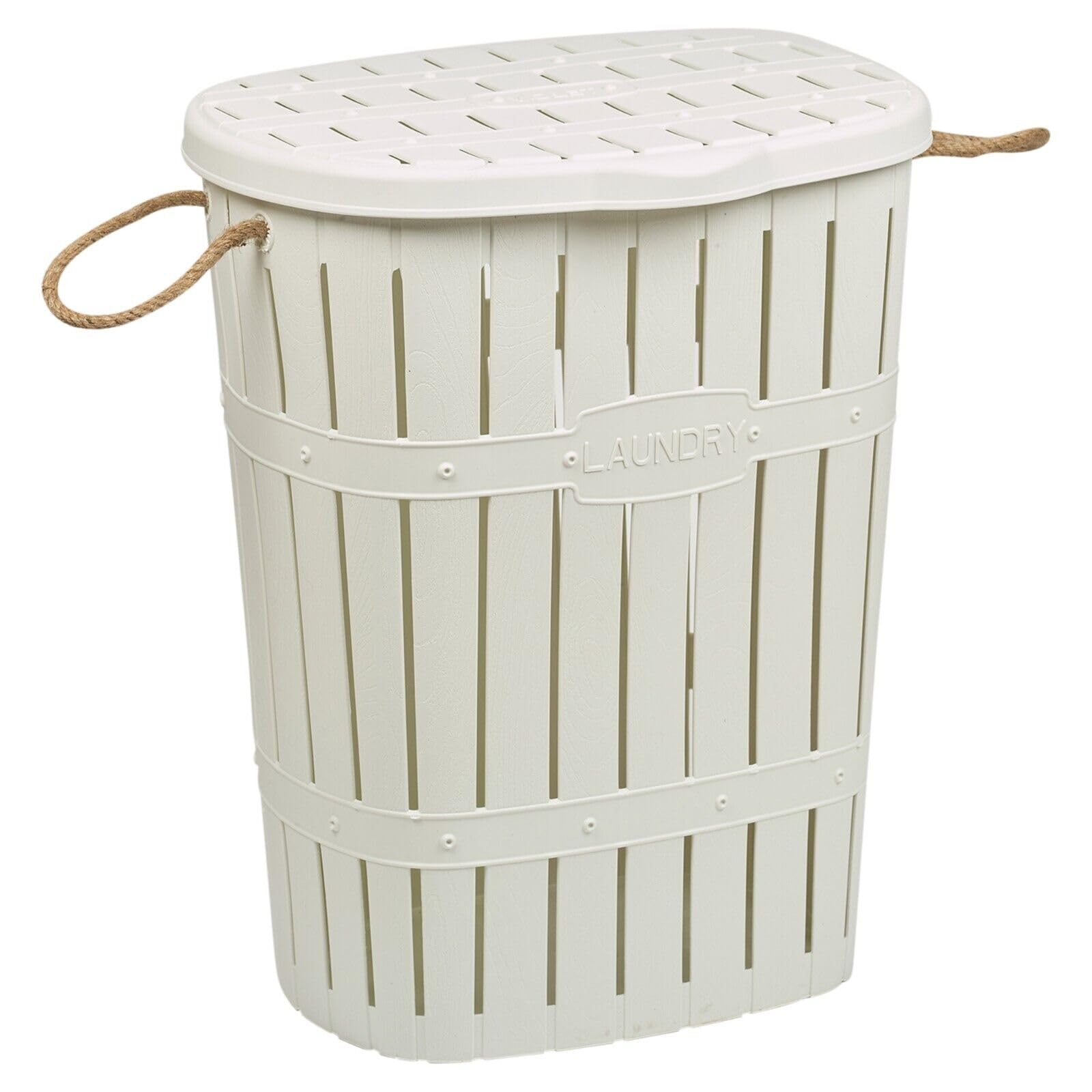 Urbnliving White 65L Bamboo Look Clothes Storage Laundry Washing Basket Hamper Rope Handles & Lid (White)