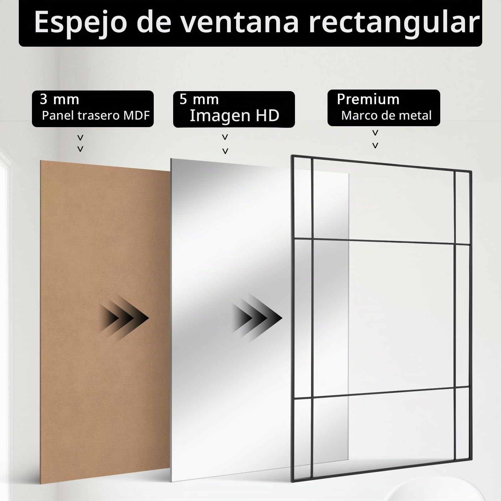 Muzilife Espejo de pared negro con marco de metal, 90x60 cm Espejo decorativo rectangular para dormitorio, comedor, pasillo, baño, colgado o apoyado contra la pared