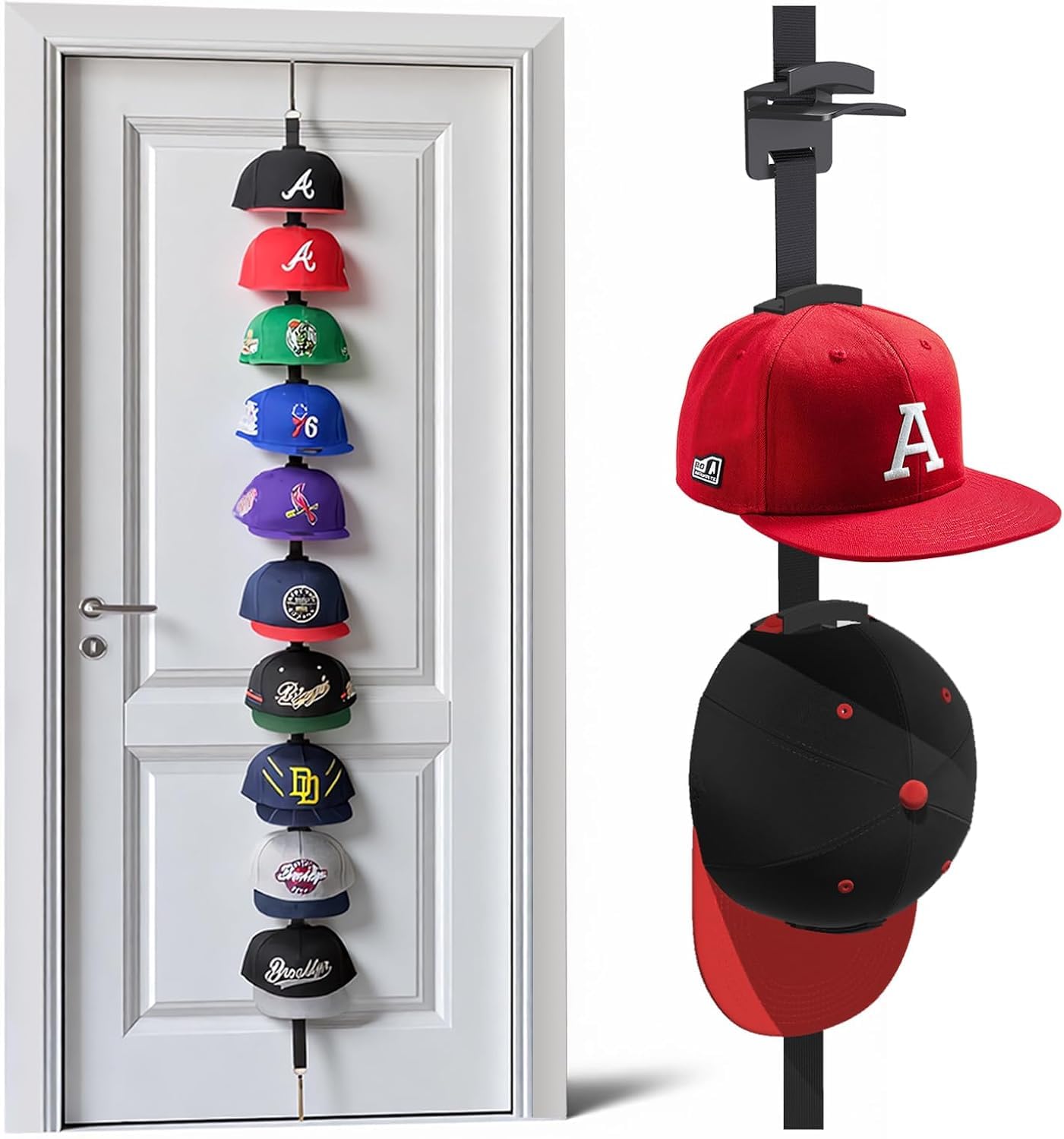 DIRXVMC Hat Rack for Door - Two-Way Hanging Caps with Display Hooks and Hanger, Hat Organizer for Baseball Caps, Over the Door Hat Storage Organizer for Bedroom (Black, 2pack-20hooks)