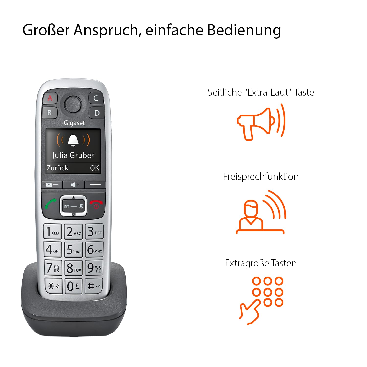 Gigaset E560HX DECT-Mobilteil Schnurloses Senioren-Telefon Fritzbox-kompatibel Notruf 4 Nummern silber Deutsche Version