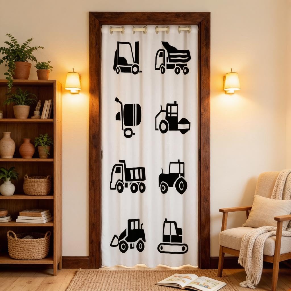Construction Door Curtain for Doorway Privacy Equipment Trucks Closet Door Cover Curtain for Bedroom Living Room Cartoon Car Excavator Tractor Black White Room Divider Curtain Cover 86x203cm