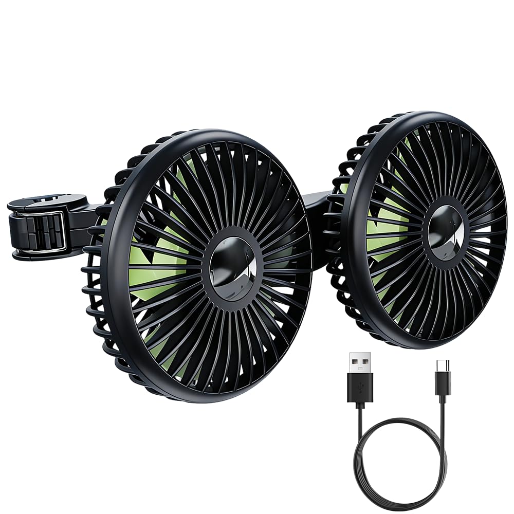 Mineup Ventilatore Per Auto Doppia Testa, Ventilatore USB Per Auto Per Sedile Posteriore, Ventilator 360° Ruotabile Portatile, 3 Velocità, Controllo Separato, Ricaricabile, Per Camion Furgone SUV RV