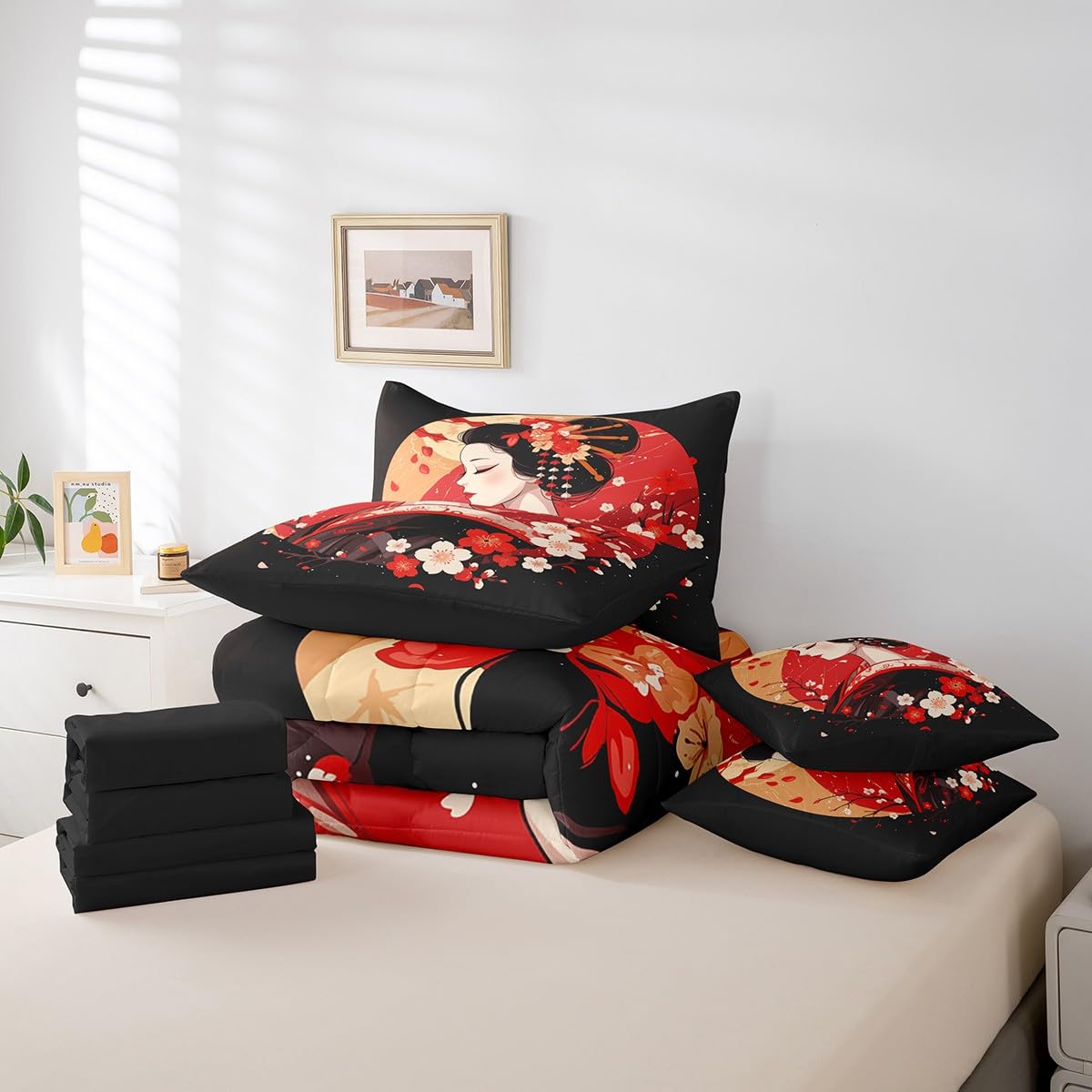 Japanese Comforter Set 7-Piece Ukiyo Style King Bedding Set Geisha Cherry Blossom Bed In A Bag Japan Ink Pattern Fitted Sheet Boys Teens