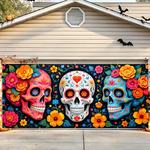 Image of Halloween Garage Door Decorations 7 x 16 ft, Sugar Skull Cover