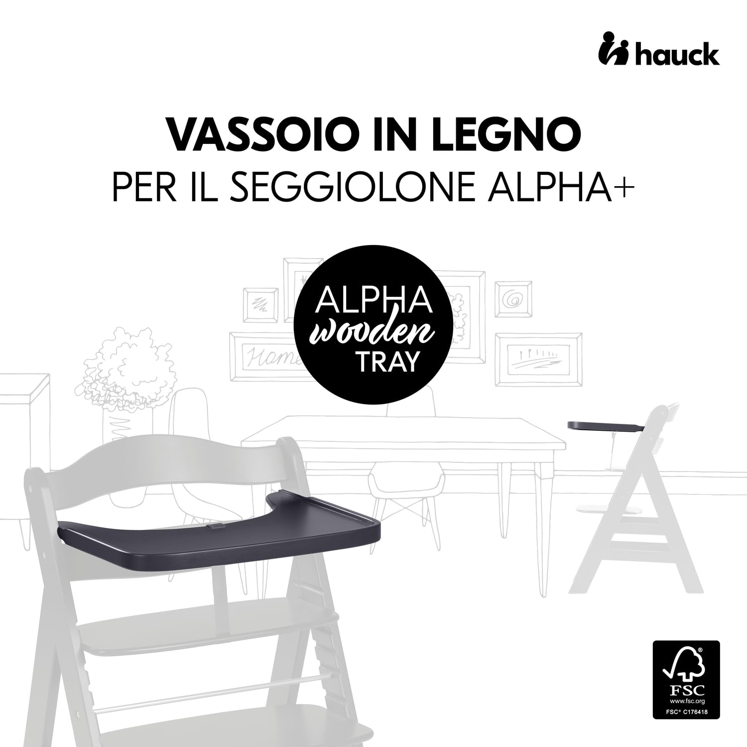 hauck Alpha Wooden Tray, Grigio Scuro - Vassoio in Legno Compatibile con Seggiolone Pappa Alpha+ e Beta+ per Bambini 6-36 Mesi, con Bordo Rialzato e Cert. FSC®