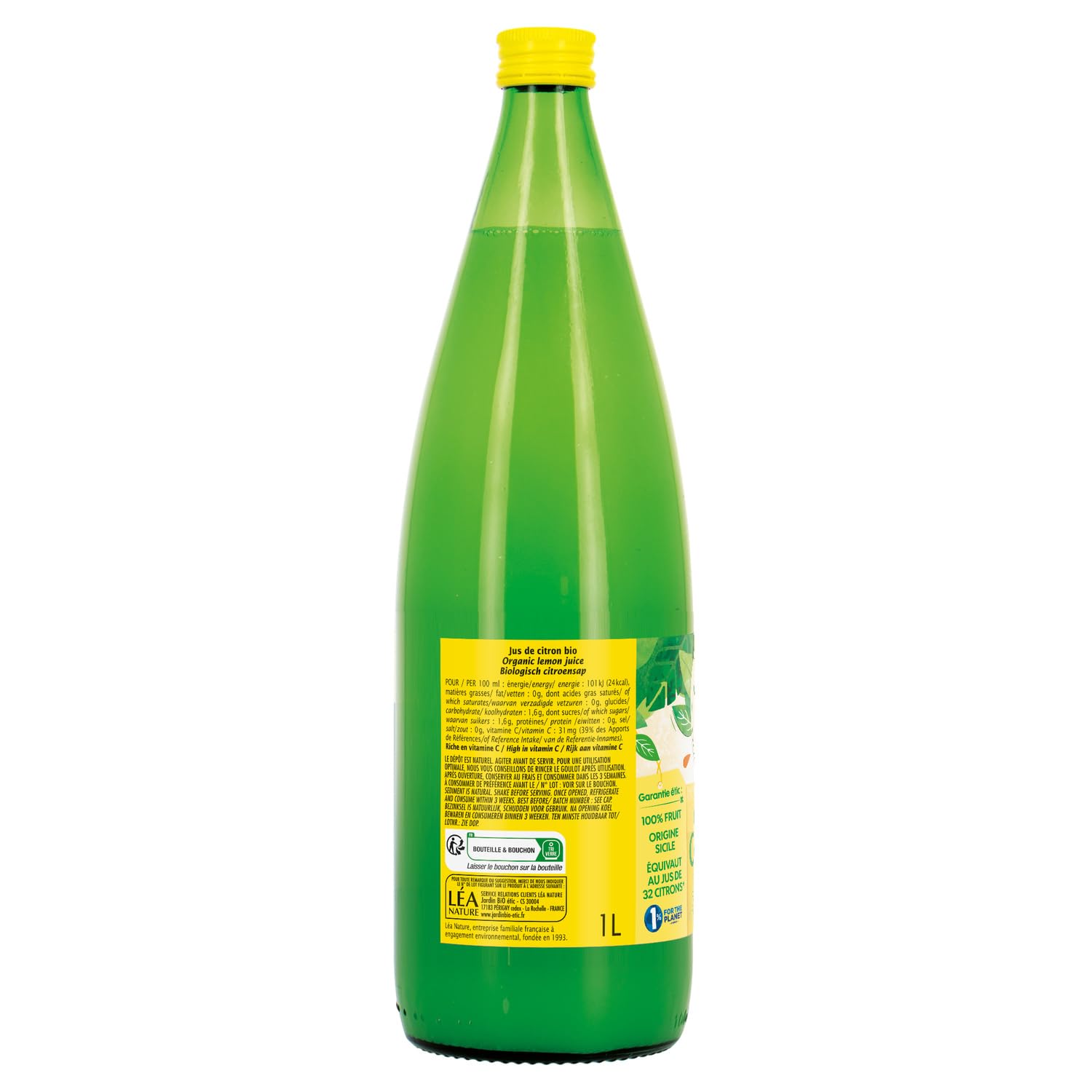 JARDIN BIO ETIC - Jus de citron bio pur jus en bouteille verre 1 litre - Origine Sicile - Bouchon doseur pratique - 100% fruit - Équivalent 32 citrons jaunes - Lot de 3