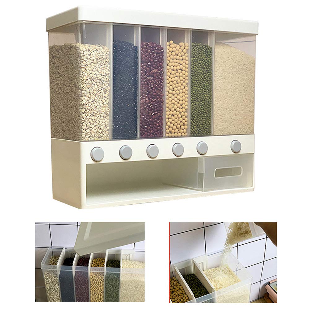 DERGHWall-Mounted Dry Food Dispenser Rice Bucket Multi Compartments Rice Storage Waterproof and Moisture-Proof Sealed Storage for Rice Grains Beans