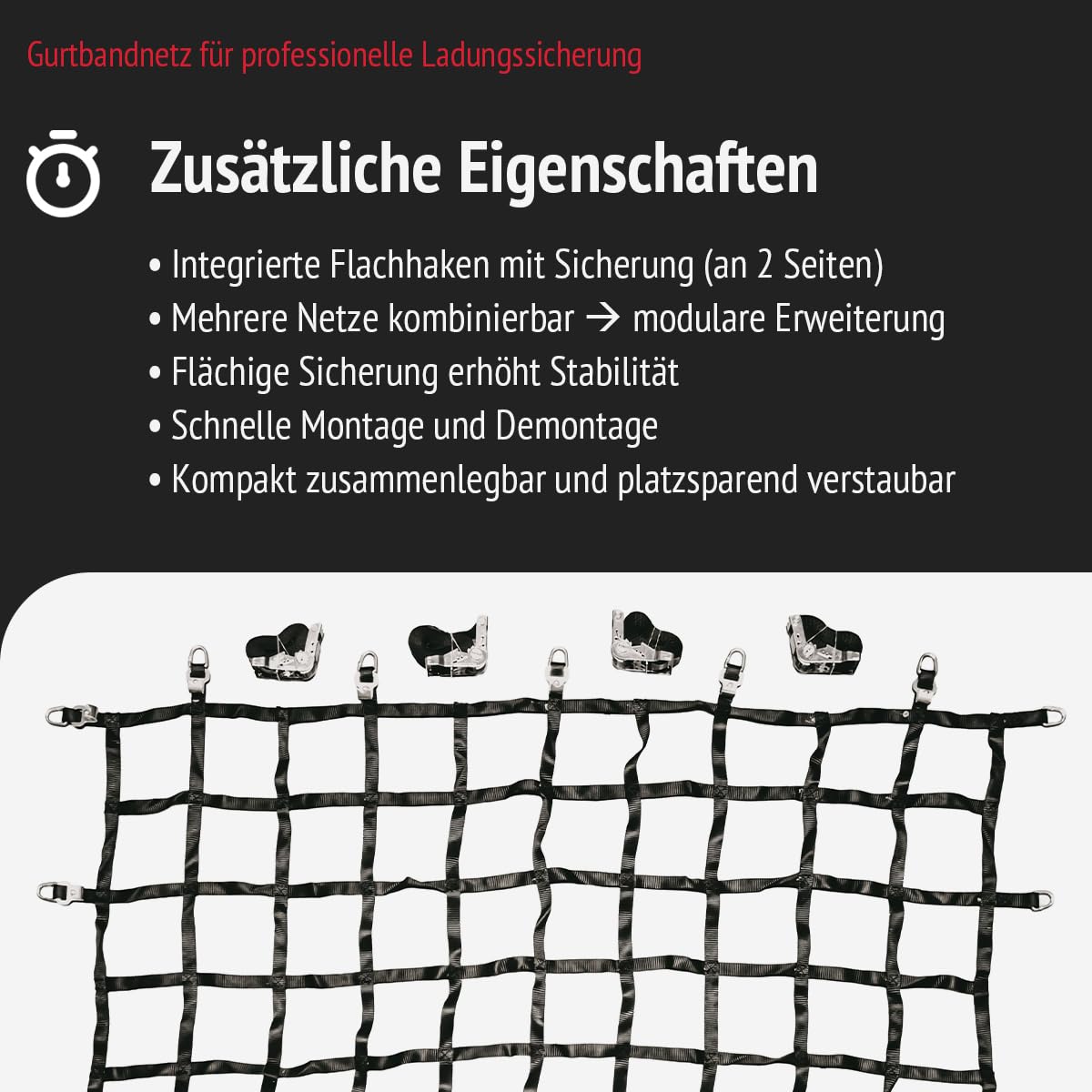 Gurtbandnetz 1775 x 1250 mm für Minivan, Anhänger und Kleintransporter | Ladungsnetz aus PES-Gurtband, schwarz, mit D-Ringen und Adaptergurten | LC: 600 daN