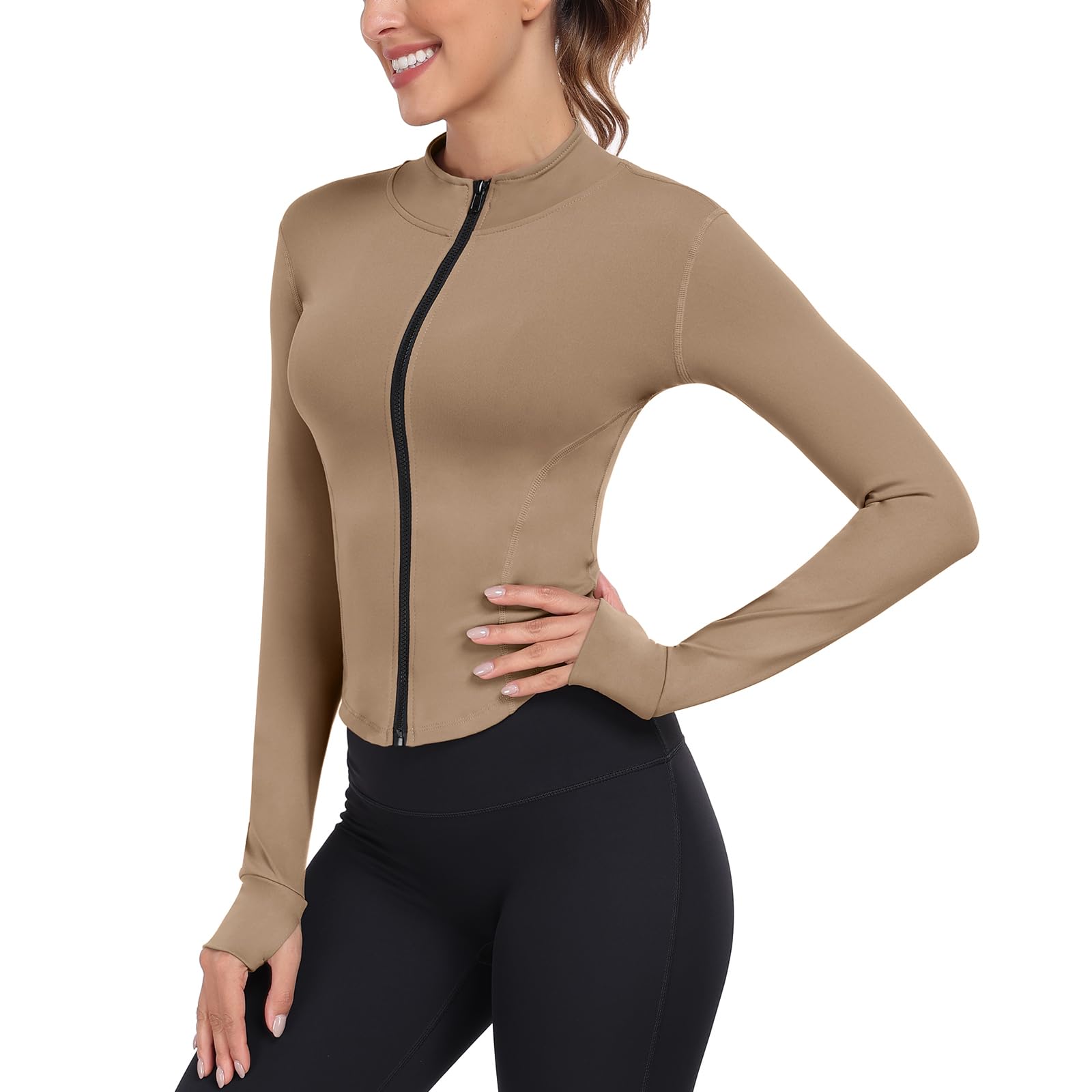Cighay Women's Full Zip Running Yoga Slim Fit Cropped Bbl Athletic Jacket Workout Sportwear With Thumb Holes