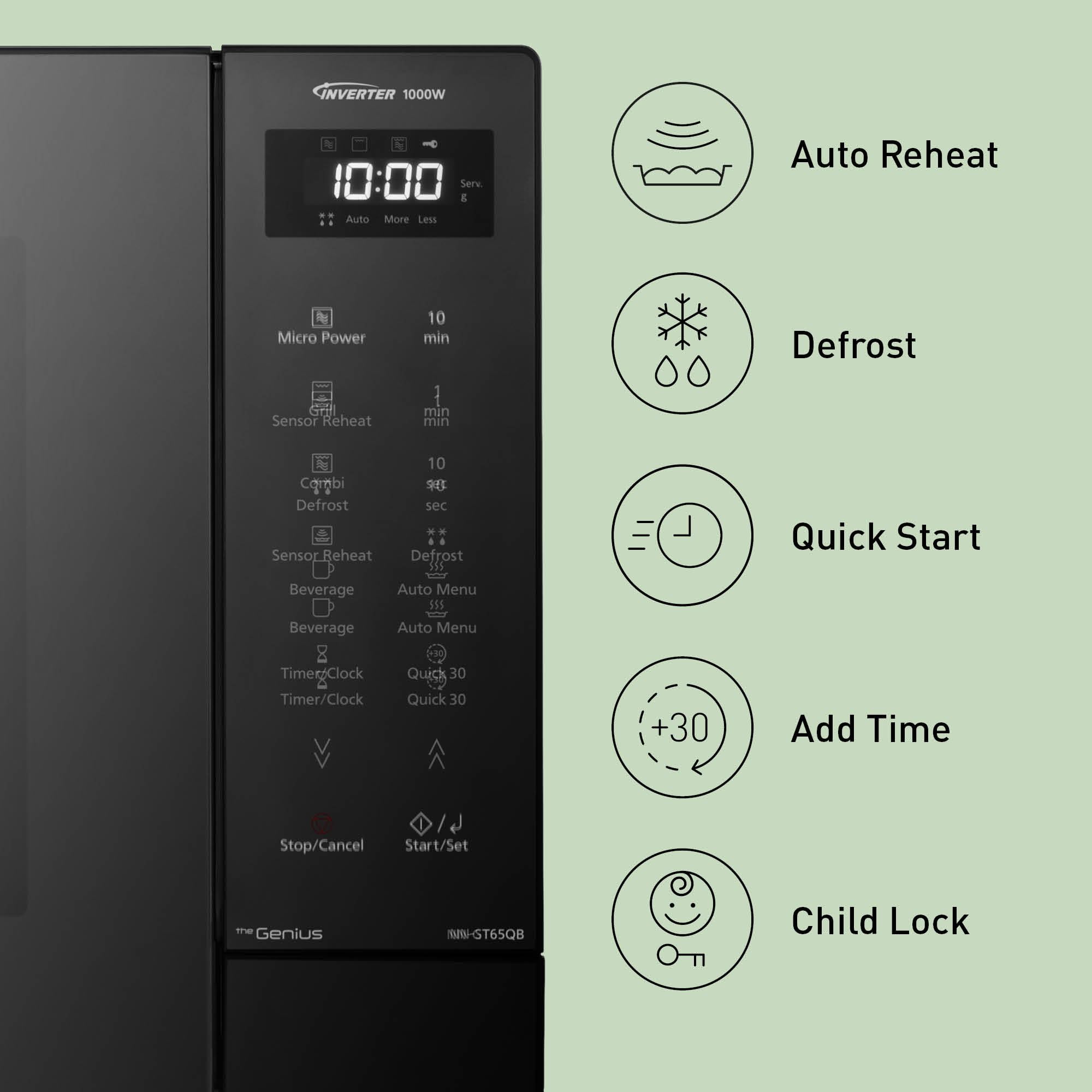 Panasonic NN-ST65QBEPG Micro-Ondes Solo Inverter 32L, 1000W Puissance, Technologie Genius Sensor, 20 Programmes Auto, Fonction Quick 30, Commande Tactile, Grand Plateau Tournant, Noir