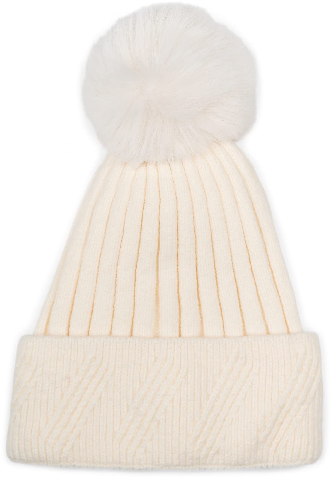 styleBREAKER Ladies Knitted Pom Pom Hat Unicoloured with Rib Pattern and Fleece Lining, Winter Beanie, Knitted Hat 04024198, Colour:Cream-White