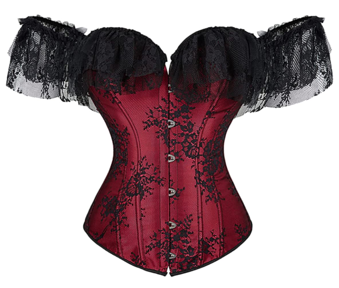 KelvryWomen Sexy Basque Off-Shoulder Lace up Boned Bustier Overbust Corset Tops with Long Sleeve
